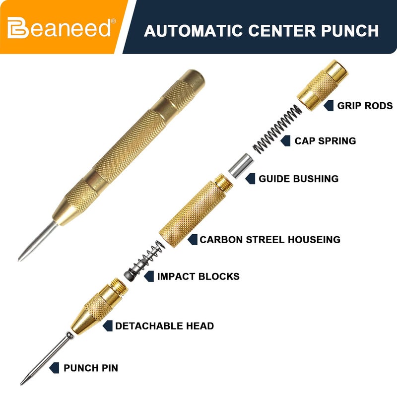 Beaneed 2Pcs Automatic Center Punch, 5" Spring Loaded with 2 Extra Tips | Heavy Duty Steel | Punch Tool for Metal Drilling & Emergency Glass Break - Image 3